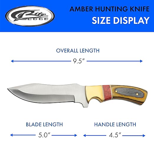 SZCO Full Tang Upsweep Hunting Knife 9.5 Inch - Pocket Knife with Stainless Steel Blade, Red Amber Wooden/Brass Handle & Leather Sheath - Camping Knife for hunting - Skinning knife for Men