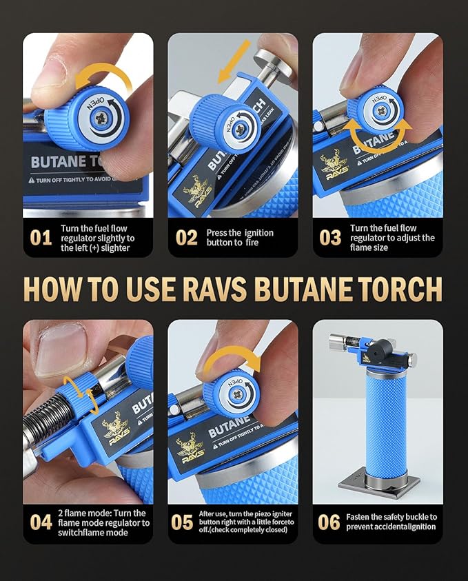 RAVS 2 Flame Mode Butane Torch, Kitchen Torch Lighter for Creme Brulee, Mini Torch with Adjustable Flame, Refillable Soldering Torches for Welding, Resin Art, Blue Cooking torch Butane not Include
