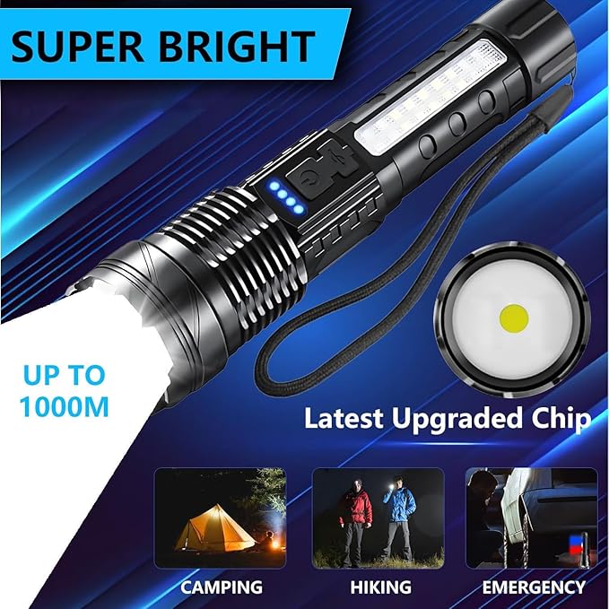 Rechargeable LED Flashlights, 90,000 Lumens Super Bright Handheld Flashlight, 7 Modes with COB Work Light, IPX6 Waterproof, Adjustable Tactical Flash Light for Home,Camping and Emergencies-2 Pack