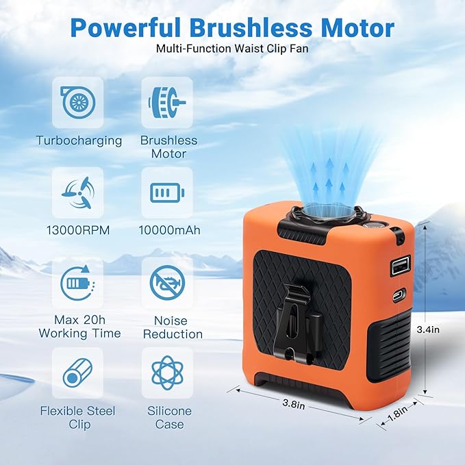 Portable Fans Strong Airflow Personal Waist Fan with Max 40H Runtime Hands Free Neck Fans Wearable Belt Fan for Outdoor Jobsite Camping and Traveling 5 Speeds USB-C Rechargeable 10000mAh (Orange)