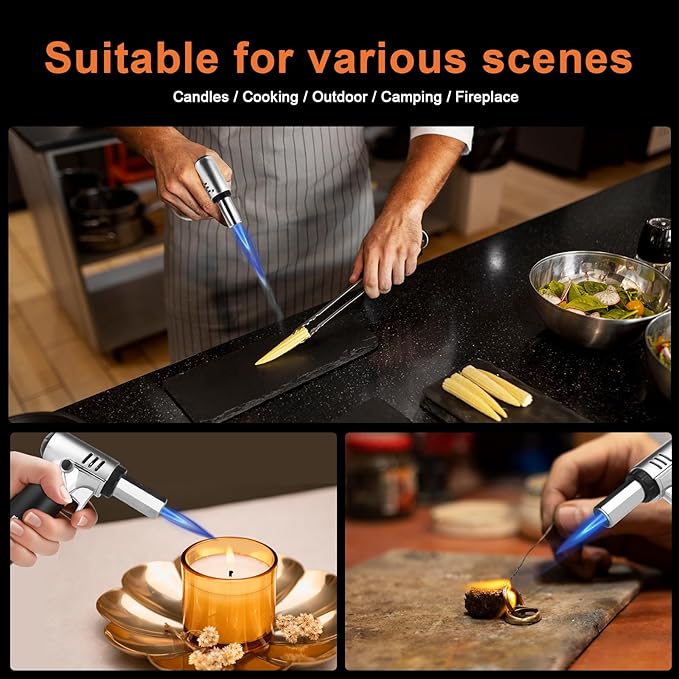 Butane Torch Lighter Refillable with Adjustable Flame Kitchen Torch for Creme Brulee Baking BBQ Cooking Soldering One Hand Operation with Fuel Window Safety Lock (Butane Gas Not Included)