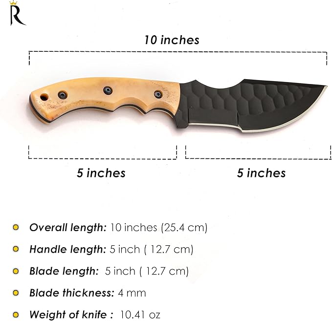 Fixed Blade Knife – 10” Handmade Tracker Hunting Blade with Camel Bone Handle & Leather Sheath, Full Tang 1095C High Carbon Steel Survival Knife for Camping, Hunting & Outdoor Use