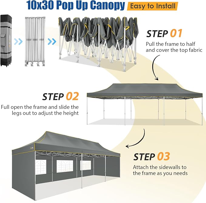 HOTEEL 10x30 Pop up Canopy Tent for Parties, Heavy Duty Easy Setup Tent with 5 Sidewalls, Outdoor Commercial Instant Gazebo for Wedding Event, with Roller Bag & Sand Bags, Grey(Hexagonal Frame)