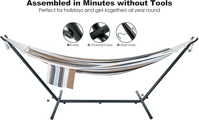 Double Hammock with Stand for Outside, Upgraded Spreader Bar, Heavy Duty Space Saving Steel Stand 2 Person, Convenient Pockets, Easy Assembly, 600lbs Weight Capacity, Indoor & Outdoor (Coffee)