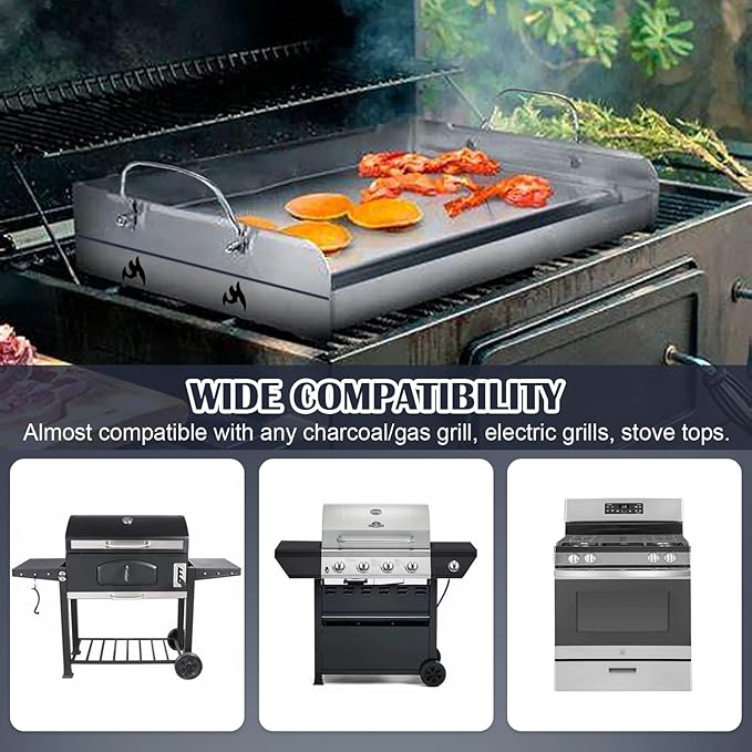 Hiorucet Stainless Steel Griddle, 18" x 12.5" Rectangular Gas Grill Griddle Plate Pan for Charcoal/Gas Grills, Camping, Tailgating, Parties, Indoor/Outdoor Universal BBQ Cooking Flat Top Grill Insert.