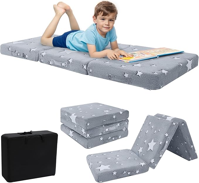 MeMoreCool Foldable Floor Mattress for Kids, Toddler Floor Nap Mat for Sleeping Daycare, Small Child Foldable Mattress Floor Bed, Trifold Futon Portable Tri Folding Mattress, Glow 63x26 Inch