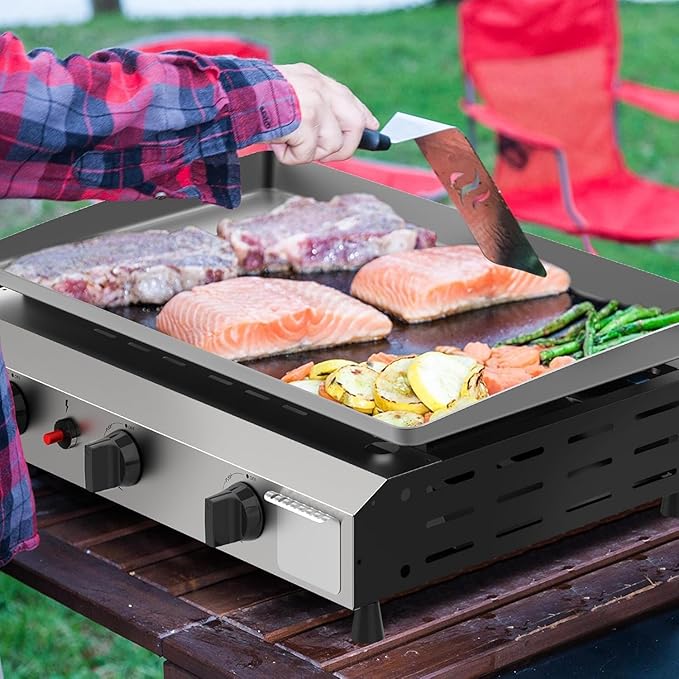 3 Burner BBQ Flat Top Grill, 25.6 Inch Stainless Steel Portable Detachable Gas Griddle, 30,000 BTU Propane Griddle for Camping