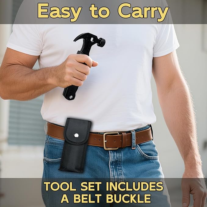Multi-Functional Safety Hammer Multitool – 15-in-1 Heavy Duty Emergency Tool Kit with Pouch – Camping, Hiking, Fishing, Car Rescue Gear – Father's Day or Birthday Gifts for Dad