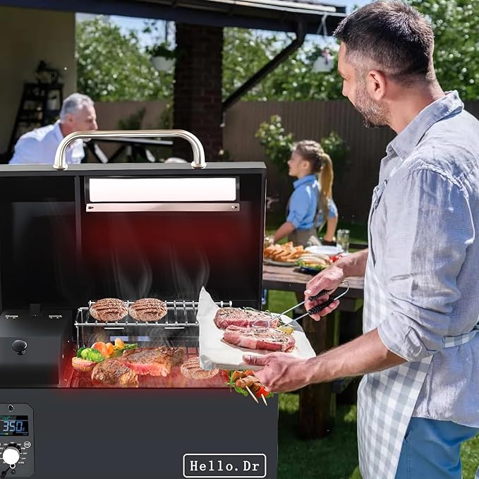 Portable Wood Pellet Grills 900°F,Smoker with Viewing Window – 8-in-1 BBQ, Digital Control, LED Screen, Temperature Control, Meat Probe,Bake and Roast, Ideal for Camping, RV, Beach Backyard