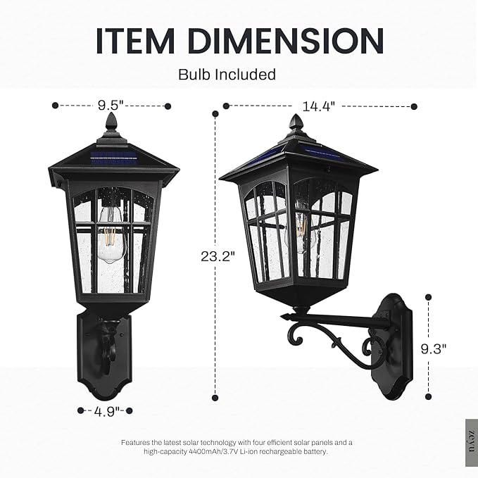 zeyu Solar Outdoor Front Porch Light, Large Outdoor Wall Mounted Light with Remote, Die-Cast Aluminum with Seeded Glass Shade, Black Finish, ZYX113B-M SL BK