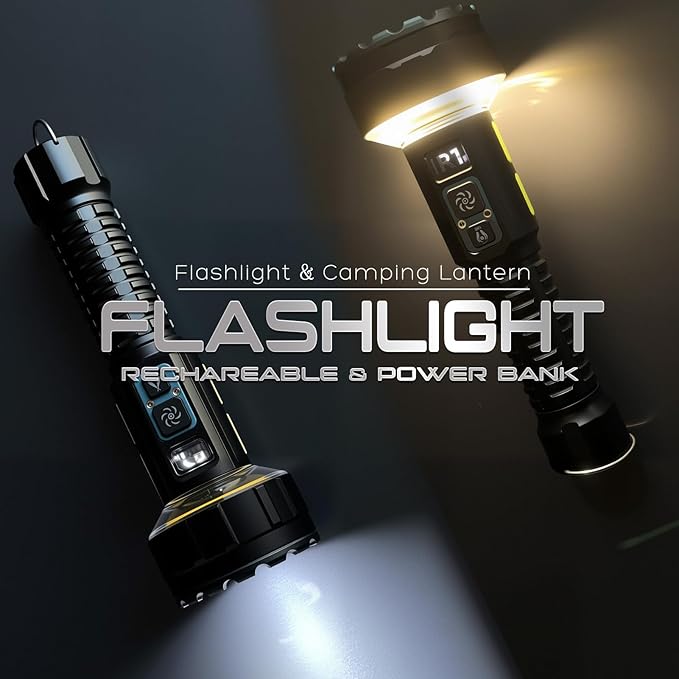 Rechargeable Flashlights High Lumens, 3500LM Bright Tactical Flashlight, 4000mAh with LCD Display, 3 Modes COB Camping Lantern EDC Flashlight for Outdoor Emergency, Hiking, Home Use