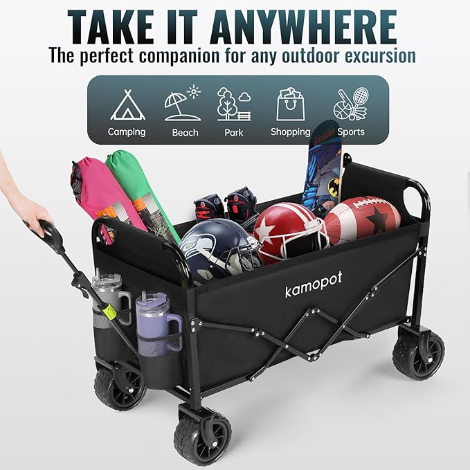 Large Collapsible Wagon Foldable for Beach, Yard, Grocery, Park, 34" x 18" Inner Storage. 300lb Heavy Duty Folding Utility Wagon on Big Wheels for Sand, Durable w/Cupholders