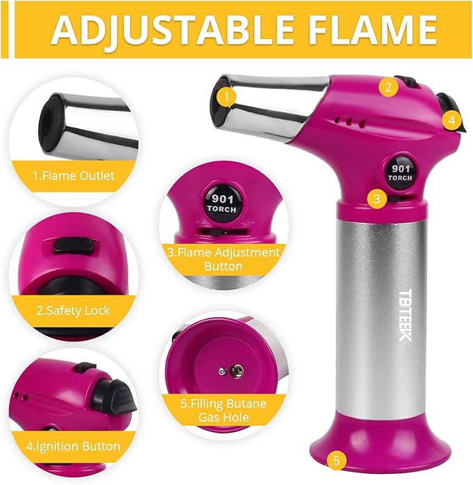 TBTEEK Butane Torch T901, Kitchen Torch Cooking Torch with Safety Lock & Adjustable Flame for Cooking, BBQ, Baking, Brulee, Creme, DIY Soldering(Butane Not Included), Rose