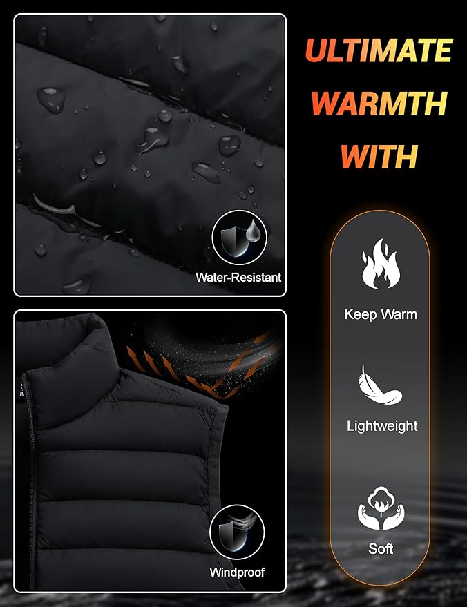 Cotrasen Men's Puffer Lightweight Vest Packable Outerwear Vest Warm Winter Outdoor Sleeveless Jacket for Travel Running