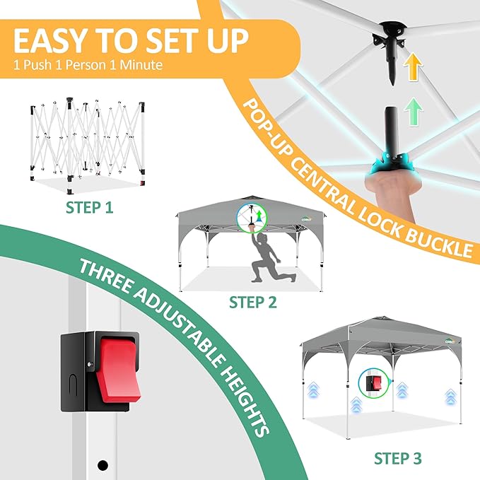 COBIZI Canopy Tent 10x10, Easy Up 10x10 Pop Up Canopy for Party Camping, Party Tents with One Push Central Button Air Vent, Outdoor Gazebo Tent with Sidewalls and Reflective Strip(Grey)
