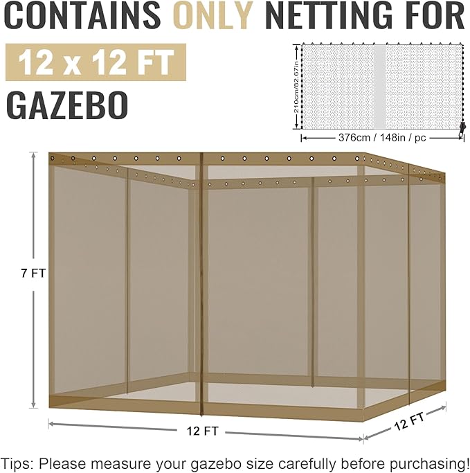 COWVIE Gazebo Replacement Netting Screen, 12' x 12' Universal Gazebo 4-Panel Mosquito Sidewalls with Double Zippers for Outdoor Patio (Only Netting)