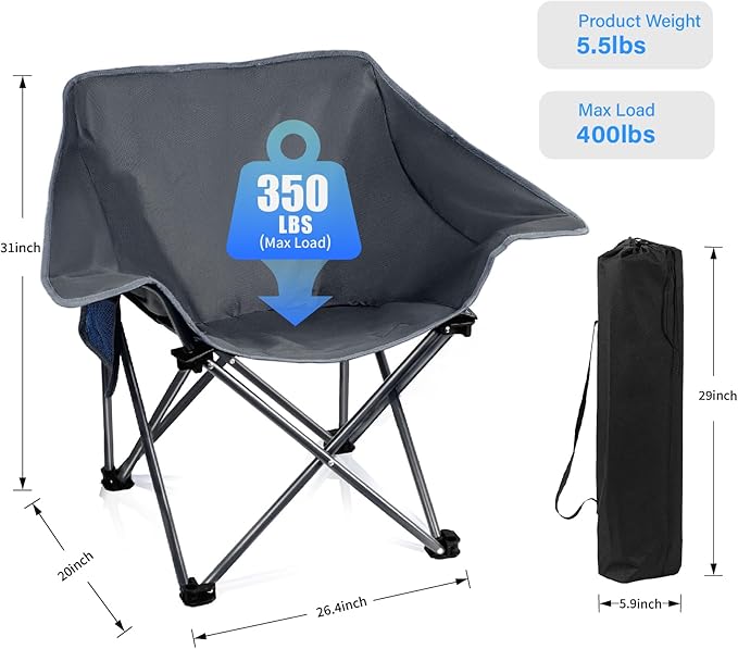 2 Pack Portable Camping Chair Compact Collapsible Outdoor Folding Sports Chairs for Adults Heavy Duty Camp Sporting Events Park Lawn 400 Lbs Grey