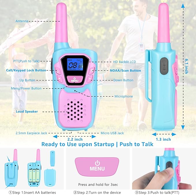 Walkie Talkies for Kids Girls Boys Toddler Long Range Walkie-Talkie Rechargeable 2 Pack for Adults Seniors Camping Skiing Cruise, Family Pink 2 Way Radio Toys with Lanyard 4 Miles NOAA USB VOX