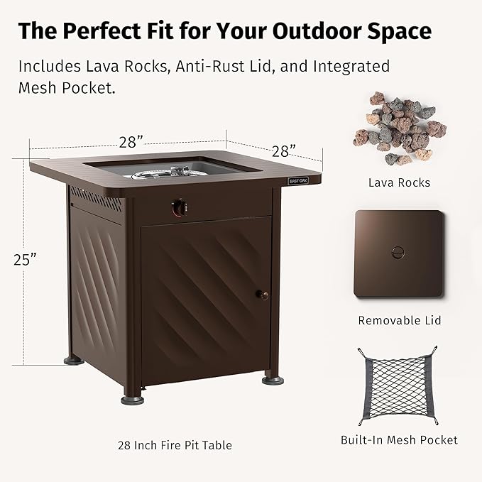 EAST OAK 28โ Outdoor Propane Fire Pit Table | 52,000 BTU Gas Fire Pit for Outside with Easy-Hook Lid, Mesh Pocket & Lava Rocks | CSA Certified | Ideal for Patio, Garden & Backyard | Brown