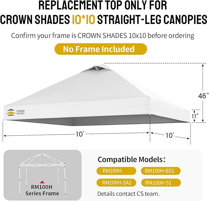 CROWN SHADES 10x10 Canopy Replacement Top - Only Compatible with Crown Shades RM100H Series, Silver Coated with Air Vent, White (Top Only)