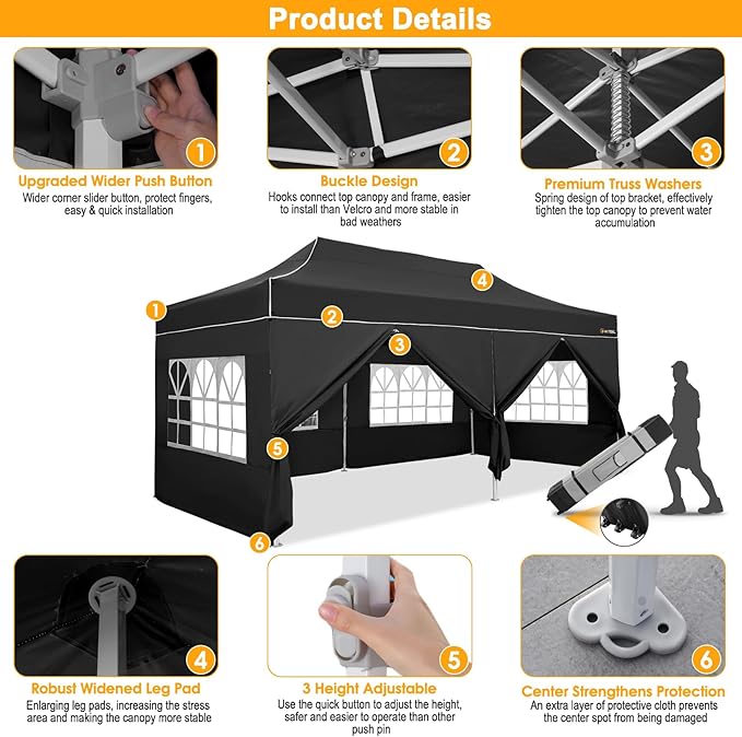 HOTEEL 10x20 Heavy Duty Pop Up Canopy Tent with Sidewalls, Commercial Outdoor Canopy Tents for Parties Event Wedding with Roller Bag, Waterproof & UV 50+, Upgraded Thickened Hexagonal Legs, Black