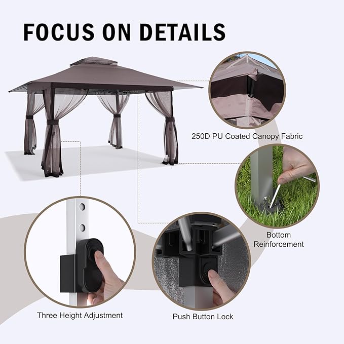 13x13 Outdoor Patio Gazebo with Mosquito Nettings - Double Roof Pop Up Canopy Tent with Wheeled Carry Bag, for Backyard Deck Lawns Garden (Brown, 13x13)