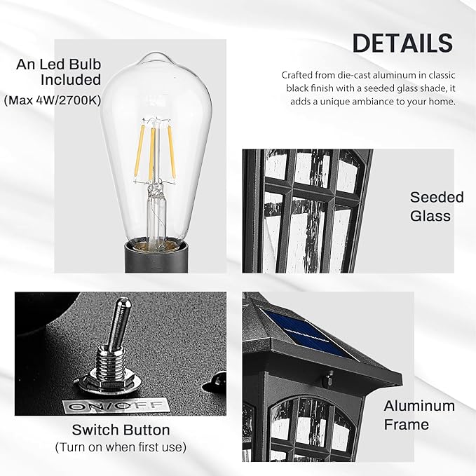 zeyu Solar Outdoor Front Porch Light, Large Outdoor Wall Mounted Light with Remote, Die-Cast Aluminum with Seeded Glass Shade, Black Finish, ZYX113B-M SL BK