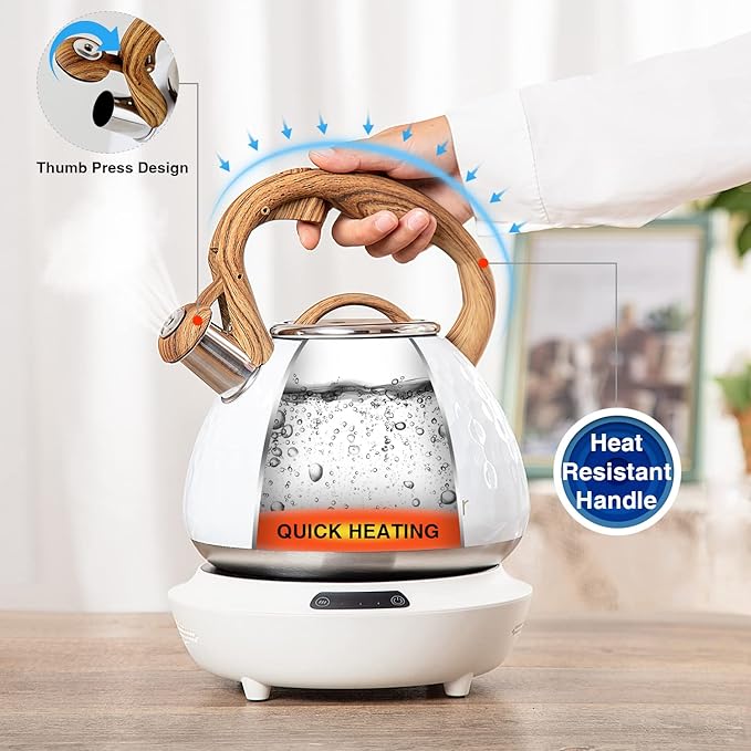 Tea Kettle, Toptier Teapot Whistling Kettle with Wood Pattern Handle Loud Whistle, Food Grade Stainless Steel Tea Pot for Stovetops Induction Diamond Design Water Kettle, 2.7-Quart White