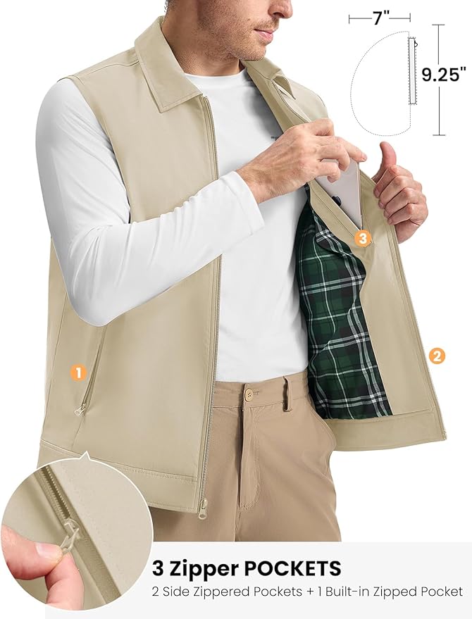 TBMPOY Men's Vest Casual Lightweight Thin Utility 3 Zip Pockets Stylish Sleeveless Jackets Summer Fall Golf Travel Business