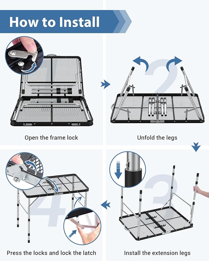 Sportneer Folding Table, 3 Heights Camping Table with 2 Hooks, Lightweight & Compact Aluminum Portable Grill Table for BBQ, RV, Picnic, Outdoor, Camping, Cooking, 35.4'' L x23.6'' W Large Size