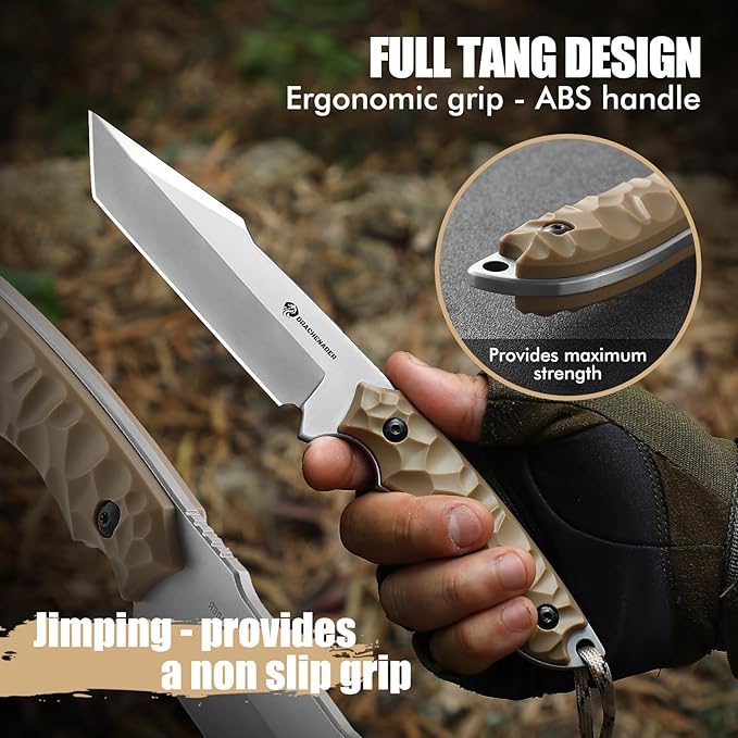 9.29“ Fixed Blade Knife with Sheath, 5.04" Blade in 5cr14mov Steel, Tactical for Men, Survival Knife with ABS Handle,Full Tang Design Khaki-Sliver
