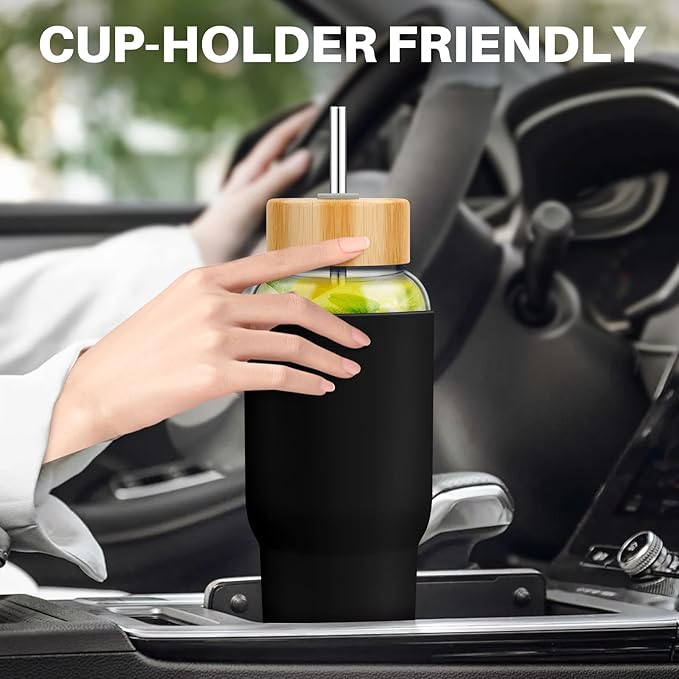 PROBTTL 40 oz Glass Tumbler with Handle - Sports Clear Borosilicate Glass Water Bottle with Straw, Silicone Sleeve, 2 Lids - Handle Spout & Bamboo Straw Lid, Fits Car Cup Holder, Leakproof