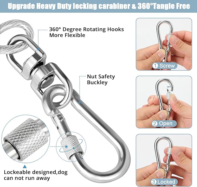 Jenico Dog Tie Out Cable, 10-150FT Runner Cable with Swivel Hook and Shock Spring, Yard & Camping Dog Leash Tether for Small to Medium Pets Up to 500 LBS