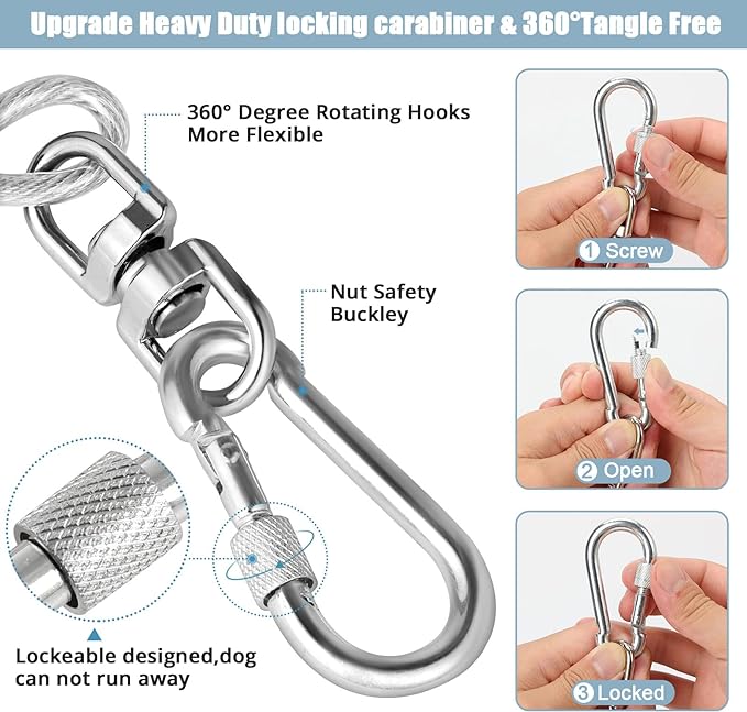 jenico Dog Tie Out Cable, 10/15/20/30/40/50/70/100/150FT Runner Cable with Swivel Hook and Shock Spring, Dog Leash Run Tether for Yard Outdoor and Camping,for Small to Medium Pets Up to 500 LBS