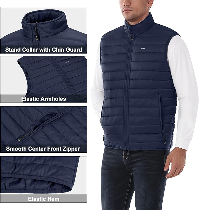33,000ft Men's Lightweight Packable Insulated Puffer Vest Outerwear, Warm Winter Sleeveless Jacket for Golf Running