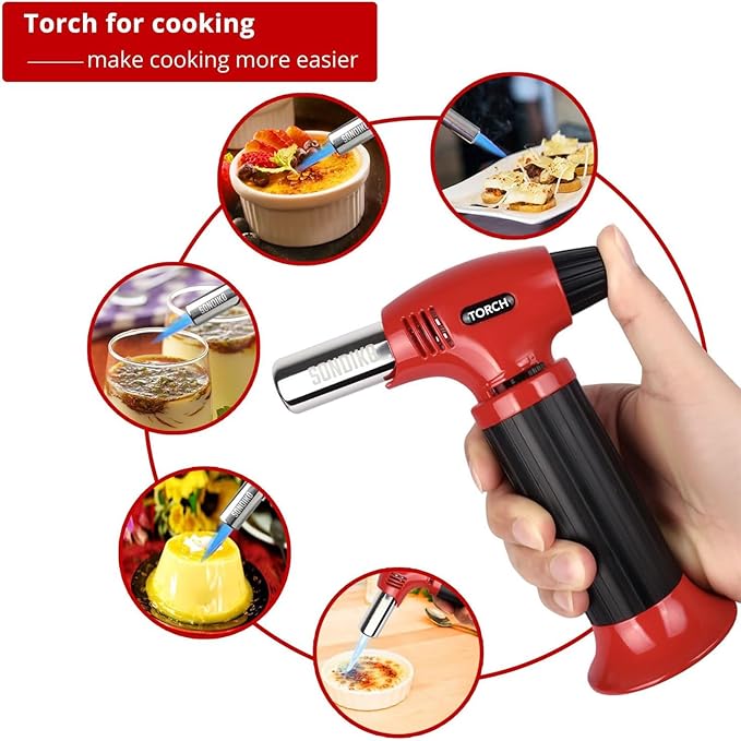 Sondiko Butane Torch Lighter, Refillable Kitchen Torch with Safety Lock and Adjustable Flame for Desserts, Creme Brulee, and Baking, Orange