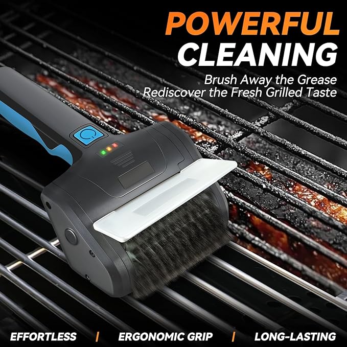 Auto Dynasty Cordless Electric Grill Brush, Rechargeable Grill Cleaning Scrub Brush with Rotating Cleaner Brush Head and Type-C Charging Cable for Outdoor Grill, Blue/Black