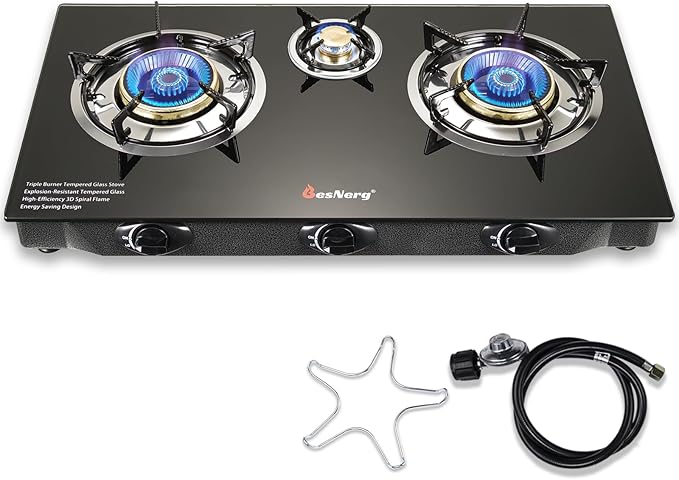Propane Stove 3 Burner Gas Stove, 34000 BTU High-Efficiency Auto Ignition Tempered Glass LPG Cooktop with CSA Regulator and Hose โ for Outdoor Camping, RV, and Emergency Cooking