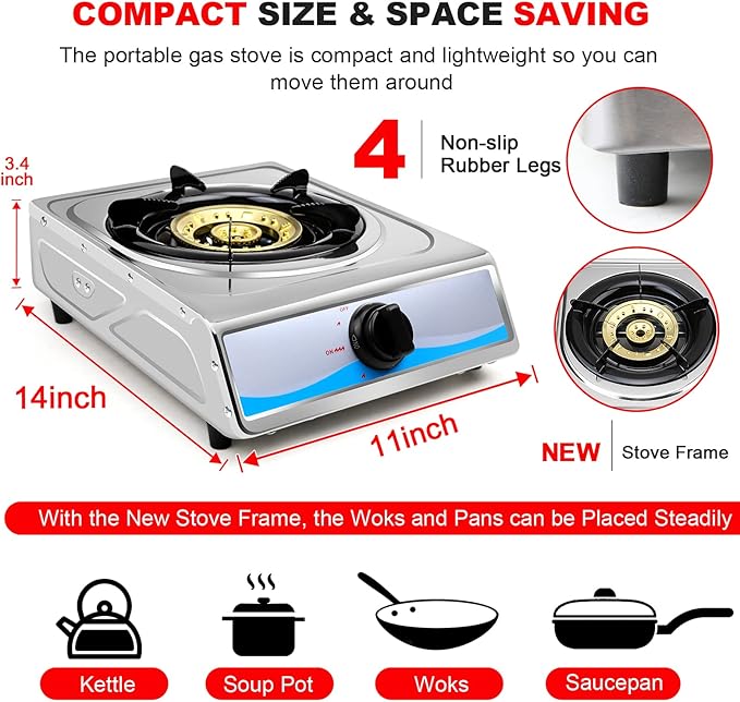 Propane Gas Cooktop,Single Burner Gas Stove Stainless Steel Portable Gas Stove,Auto Ignition Camping Single Burner LPGfor RV, Apartments, Outdoor