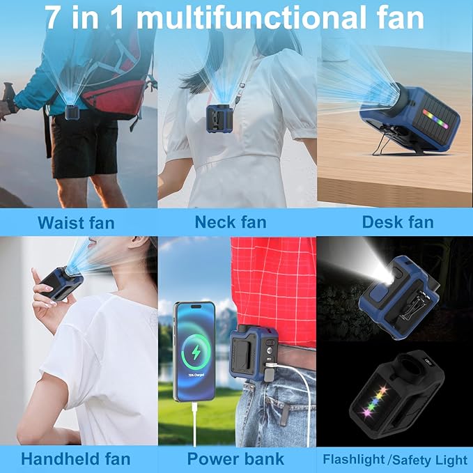 7-in-1 Multi-Use Portable Fan Hands Free Flashlight Etc,Christmas Gifts for Men Women,Turbo Powerful Cooling Personal Fan,10000mAh,24H Lasting,LED Display,Outdoor Travel Camping Fitness Gift (Navy)