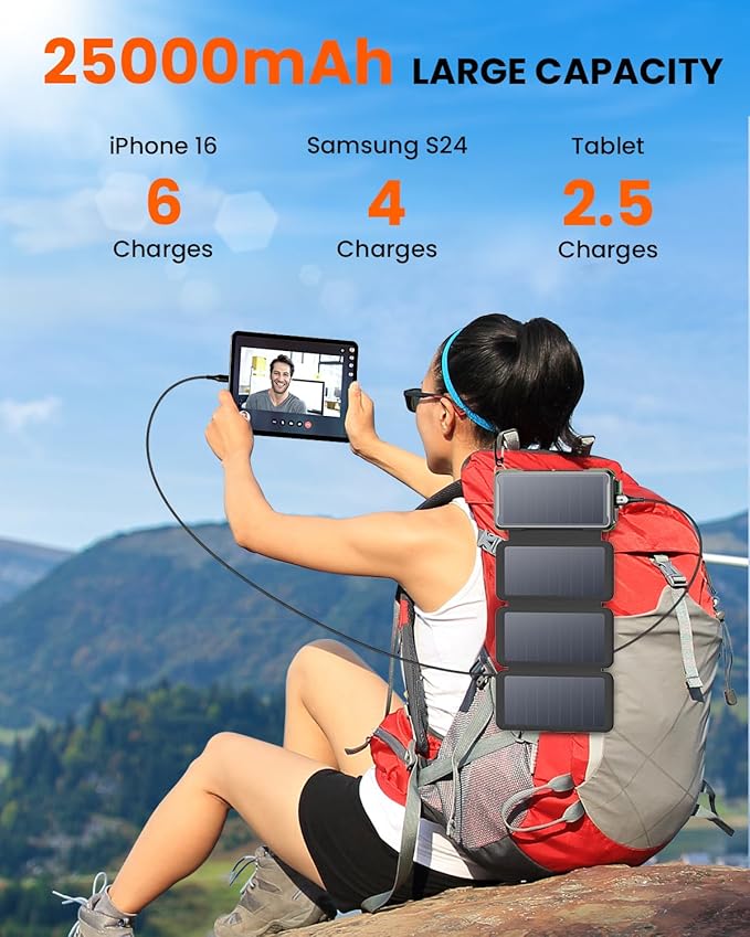 SOARAISE Solar Charger 25000mAh/92500mWh Wireless Portable Charger, 20W Fast Charging Power Bank with Built-in 3 Cables, PD QC 3.0 Phone Battery Pack with 4 Solar Panels & Flashlights for Camping