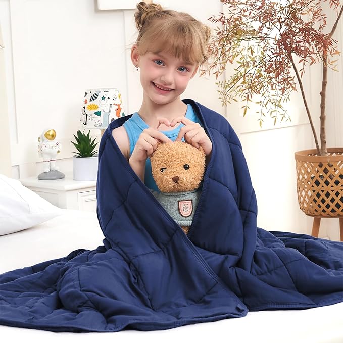 Weighted Blanket Kids (7lbs, 40"x60" Throw Size) - Cooling and Breathable Heavy Blanket for 60-90lbs with Premium Glass Beads - Soft Thick Blankets for All-Season Sleeping Comfort - Navy