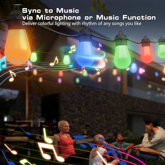 Honche Smart Outdoor String Lights, 36FT Outdoor Lights with 15 Dimmable RGB LED Bulbs, Color Changing 213 Scene Modes for Patio, Backyard, Garden,Balcony, Camping,Waterproof,Remote/APP Control,USB