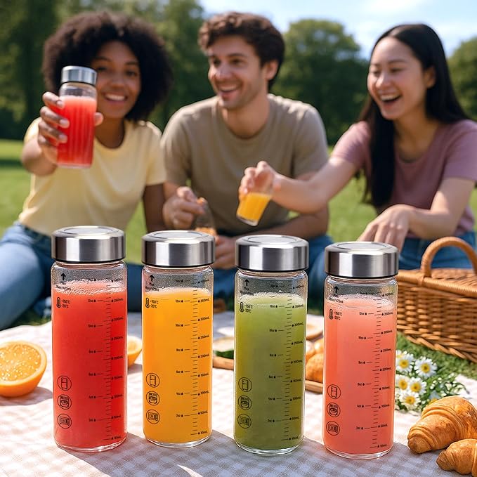 12oz Glass Water Bottles with Lids, 6 Pack Reusable Wide Mouth Juice Bottles with Stainless Steel Caps, Leakproof Borosilicate Glass for Juicing, Smoothies & Storage, BPA-Free,Dishwasher Safe