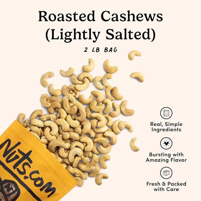 Nuts.com – Roasted Cashews (Lightly Salted) — Creamy & Savory Flavor, Healthy Snack for Adults & Kids, Good Source of Protein, Fiber, Calcium, Iron & Healthy Fats – Vegan & Gluten-Free – 2 Lb Bag