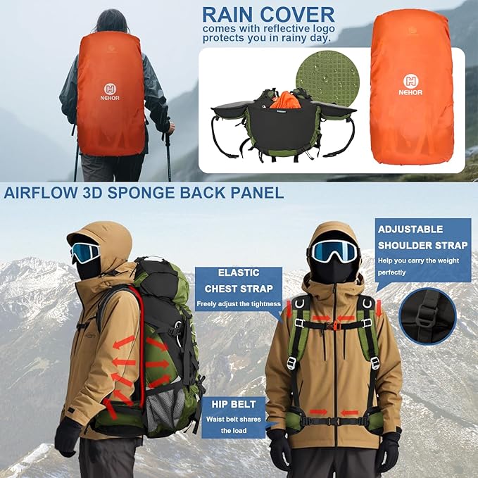 60L Hiking Backpack, Water Resistant Camping Backpack with Rain Cover, Large Lightweight Hiking Bag Outdoor Travel Daypack for Men Women, Green