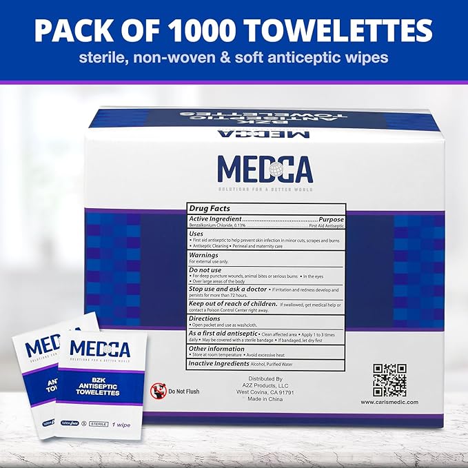 Hand Wipes – (Pack of 1000) Benzalkonium Chloride Swabs Individual BZK Single-Use Packets by MEDca