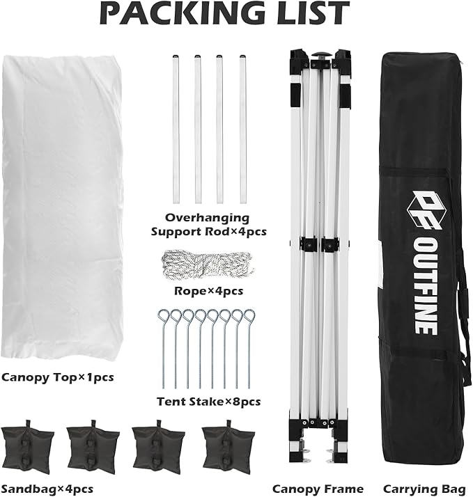 OUTFINE 10×10 Pop Up Canopy-Heavy Duty Canopy Tent with Sturdy Metal Frame(8×8 Base), Carrying Bag, Sandbags×4,Tent Stakes×8 for Events,Camping&Parties(White,10 * 10FT)