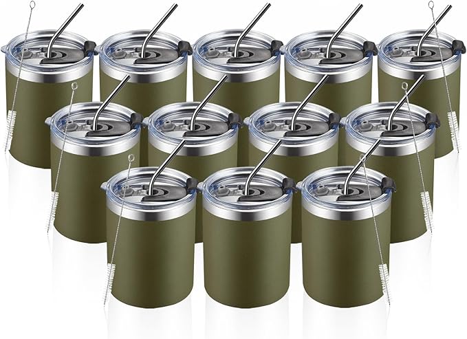 MEWAY 12 oz Lowball, Tumbler Stainless Steel Double Wall Vacuum Insulated Mug with Straw and Lid, Cleaning Brush ,Durable Powder Coated Insulated Coffee Cup for Cold & Hot Drinks (Army Green,12)