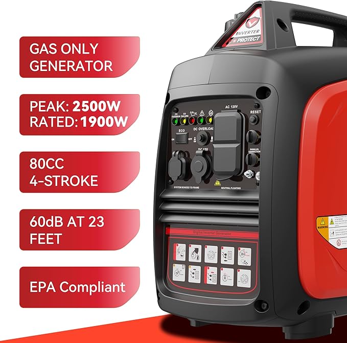 2500W Portable Generator Super Quiet Inverter Generator Ultra Lightweight for Home Backup Outdoor Camping, CO Sensor Protect, EPA, ECO Mode